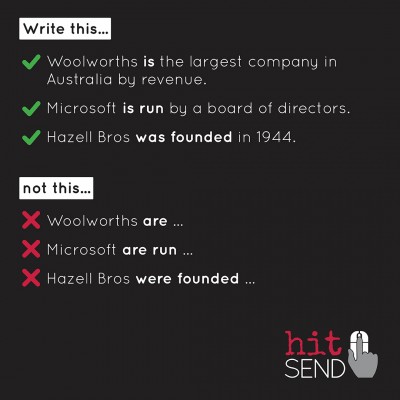 Image showing example sentences to demonstrate an organisation is singular, as in the text